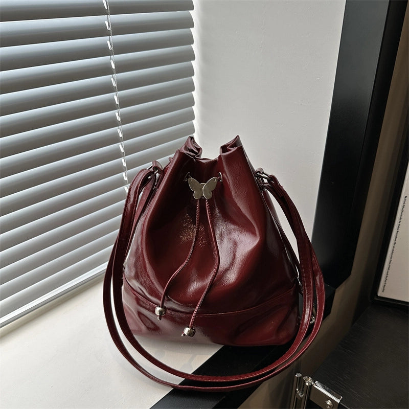 Women's Pu Leather Butterfly Classic Style Sewing Thread Bucket String Shoulder Bag Drawstring Backpack Crossbody Bag
