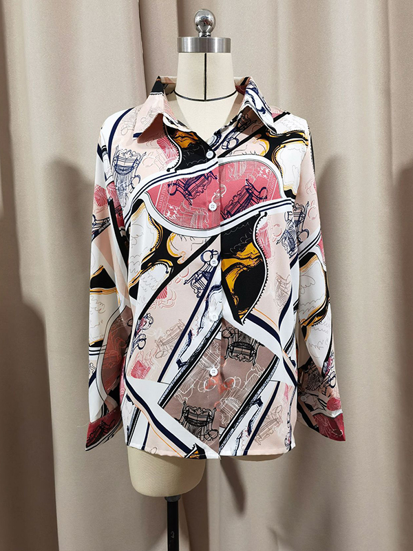 Long Sleeves Loose Buttoned Printed Split-Joint Lapel Blouses&Shirts Tops