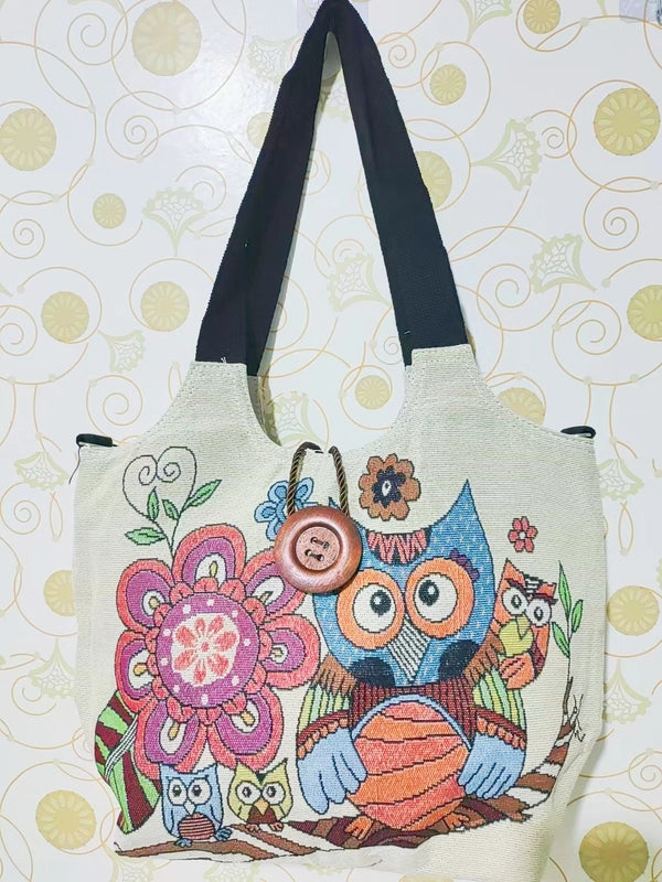 Women's Large Canvas Elephant Ethnic Style Square Zipper Shoulder Bag