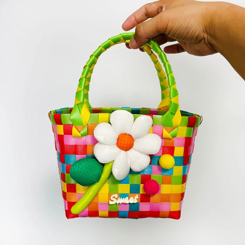 Women's PVC Color Block Plaid Vacation Weave Square Open Square Bag