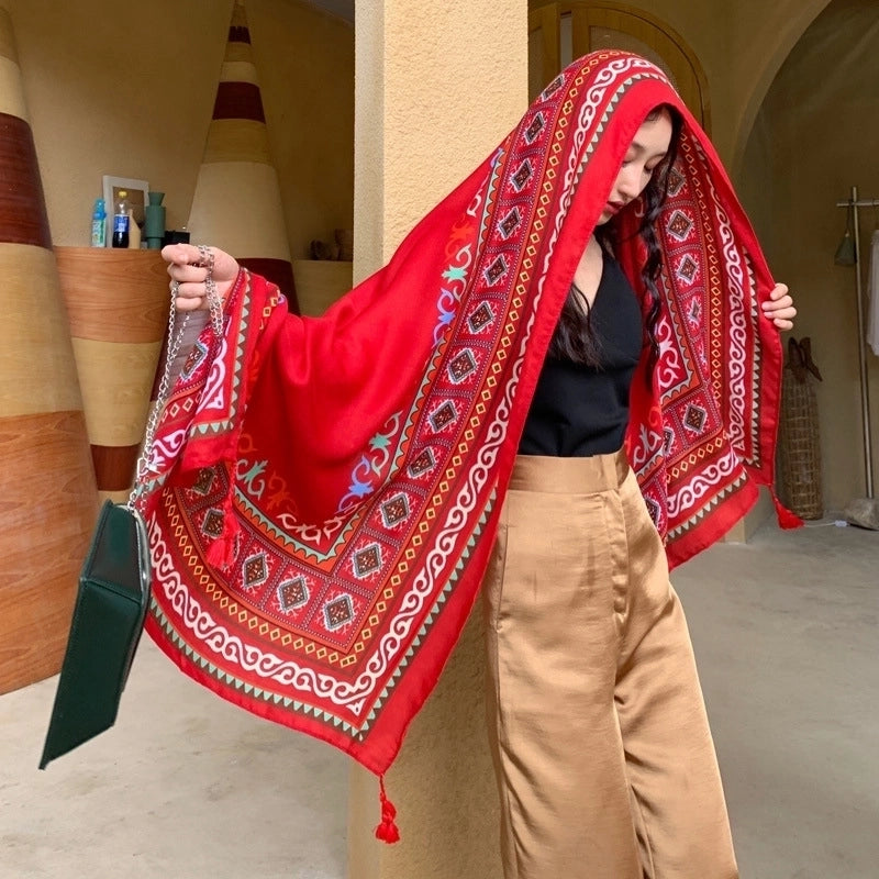 Ethnic Style Shawl Scarf Dual-use Sun Protection By The Sea Beach Scarf Red Large Gauze Scarf Female Desert Travel Photography Summer