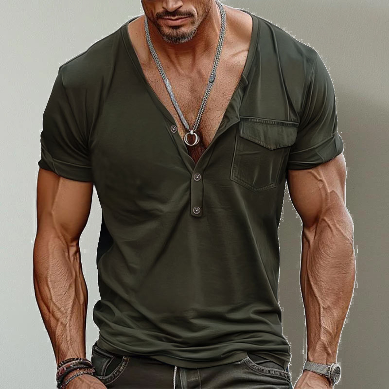 Casual V-Neck Solid Color Single Pocket Short-Sleeved T-Shirt