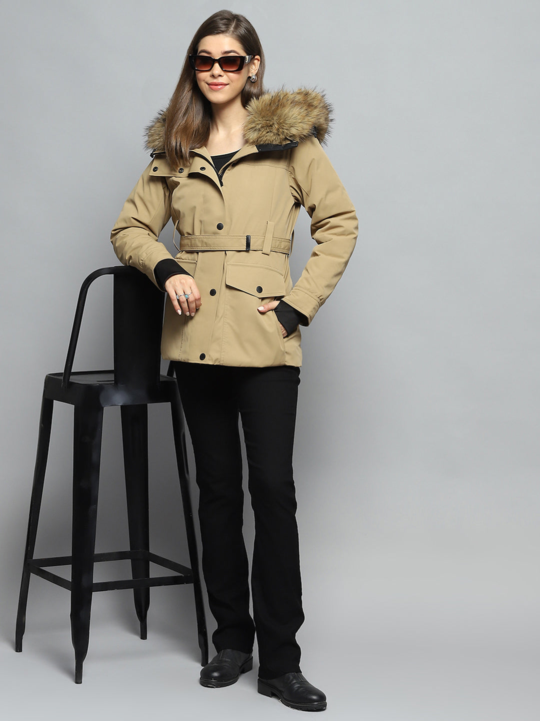 Women Khaki Solid Hooded Full Sleeve Jacket