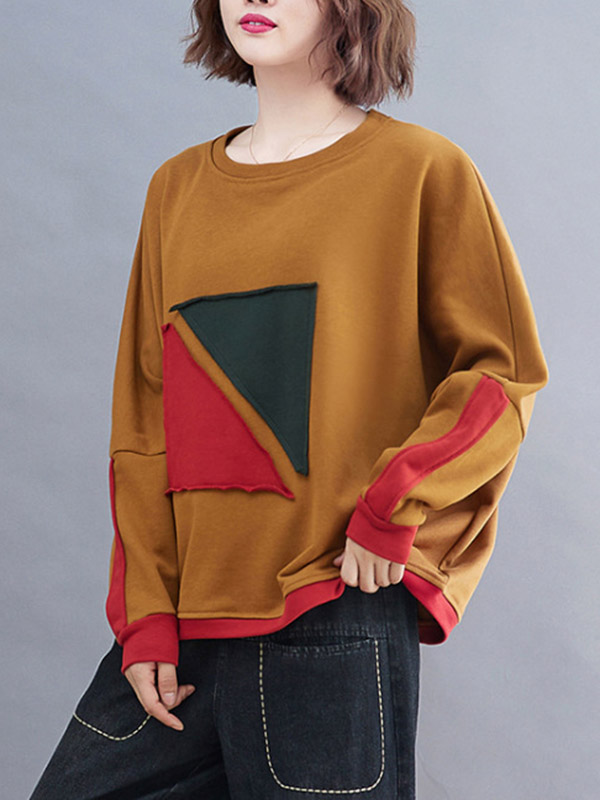 Artistic Retro Loose Triangle Applique Contrast Color Round-Neck Long Raglan Sleeves Sweatshirt