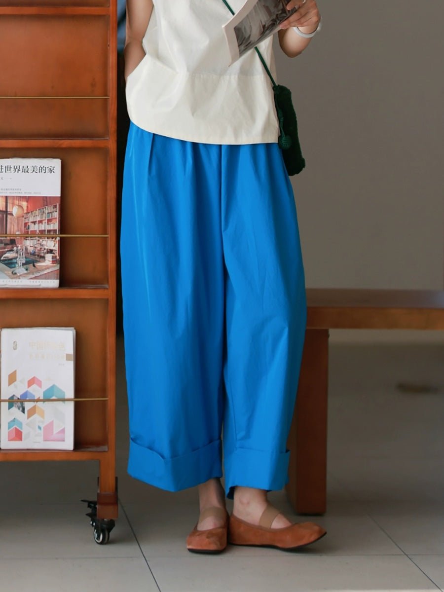 Women Summer Casual Pure Color 100%Cotton Wide-leg Pants