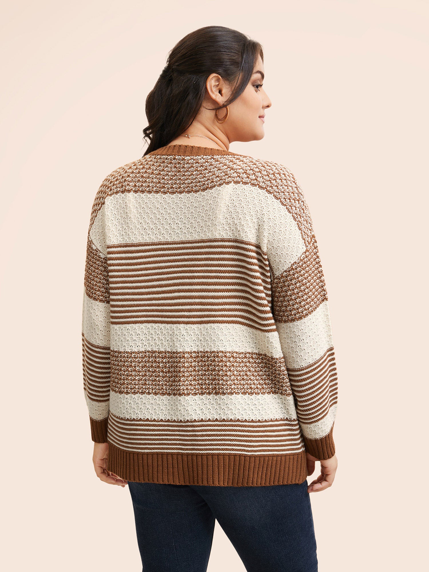 Round Neck Striped Patchwork Texture Pullover