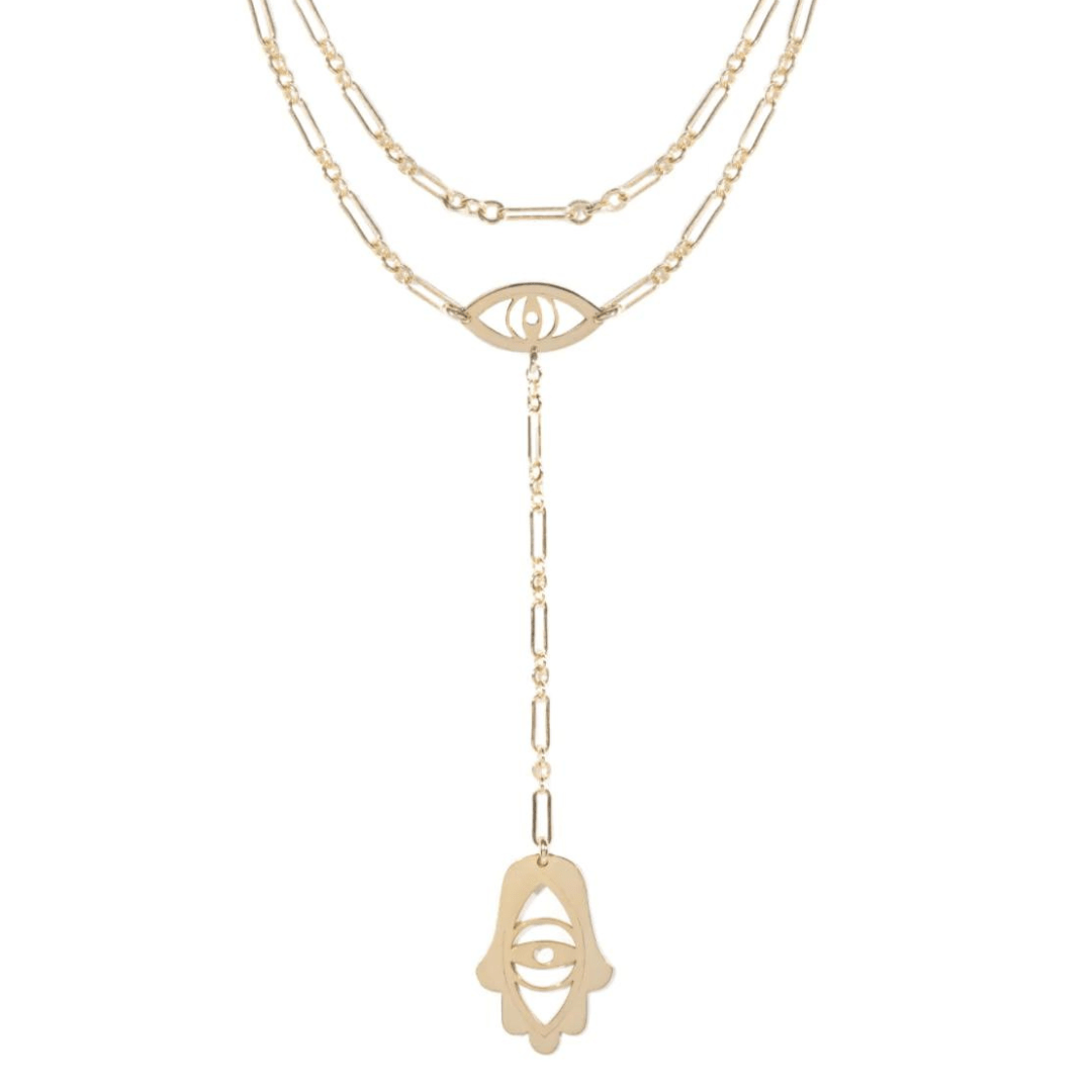 Lia Eye and Hamsa Lariat - Sterling Silver. Gold Plated or Two-Tone