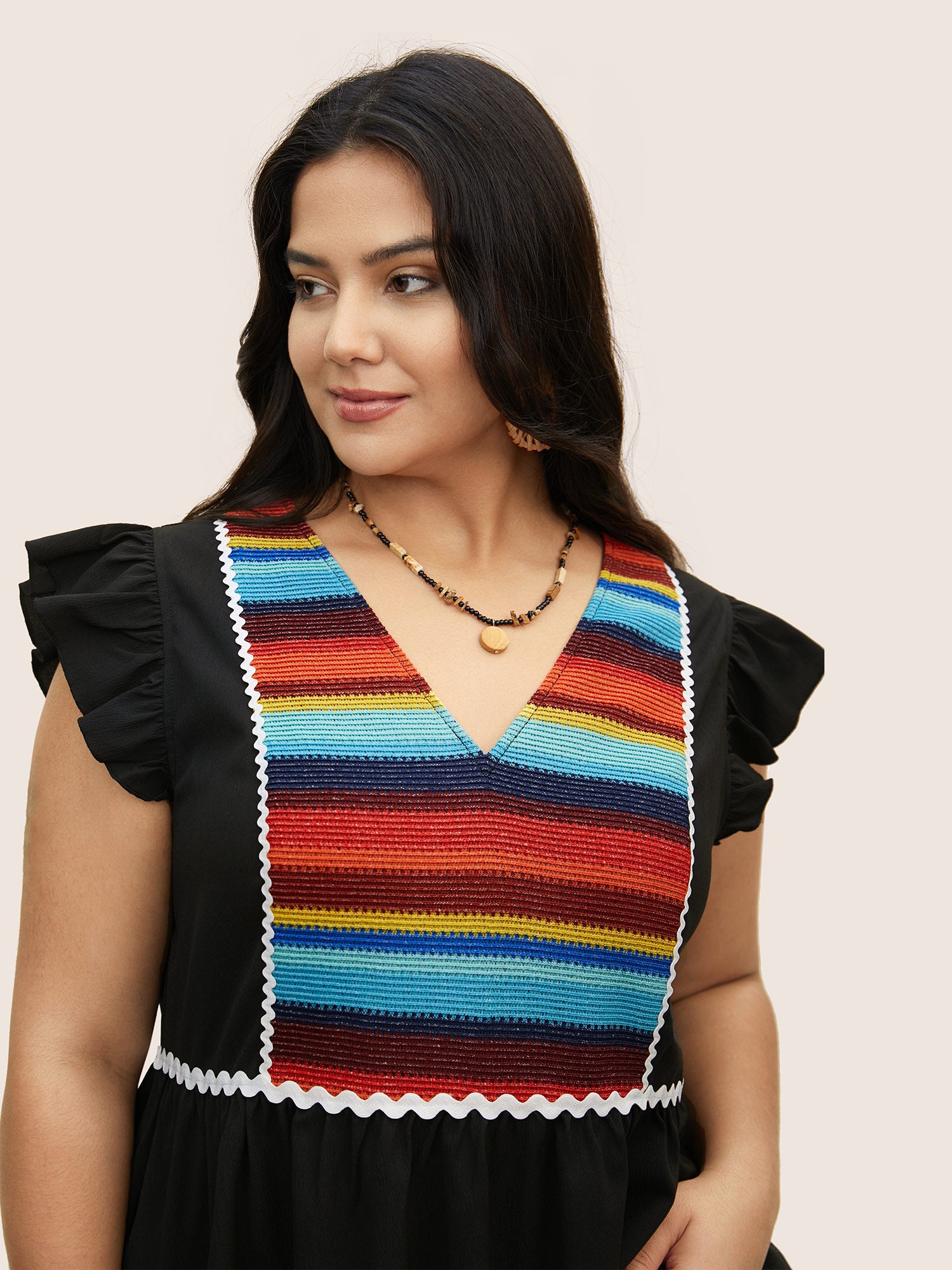 Contrast Webbing Ruffle Cap Sleeve Blouse