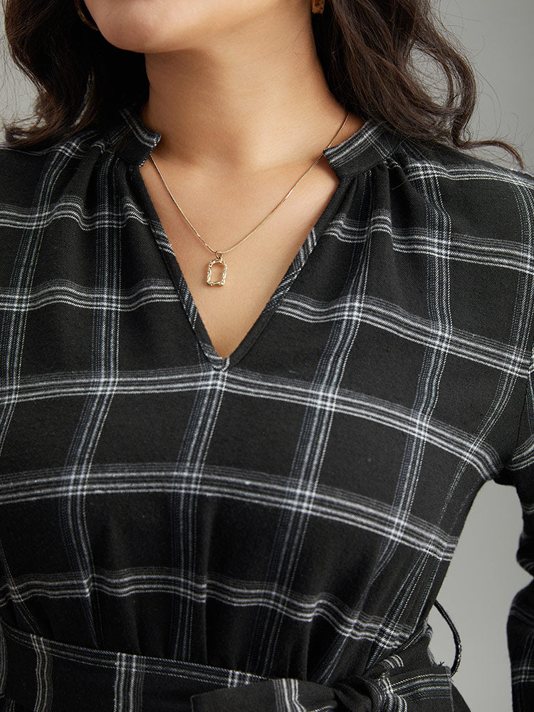 Plaid Notched Elastic Waist Belted Dress