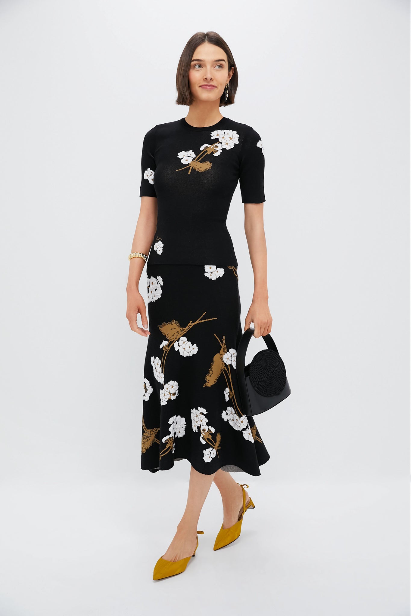 Elena Garden Black A-line Midi Knit Skirt