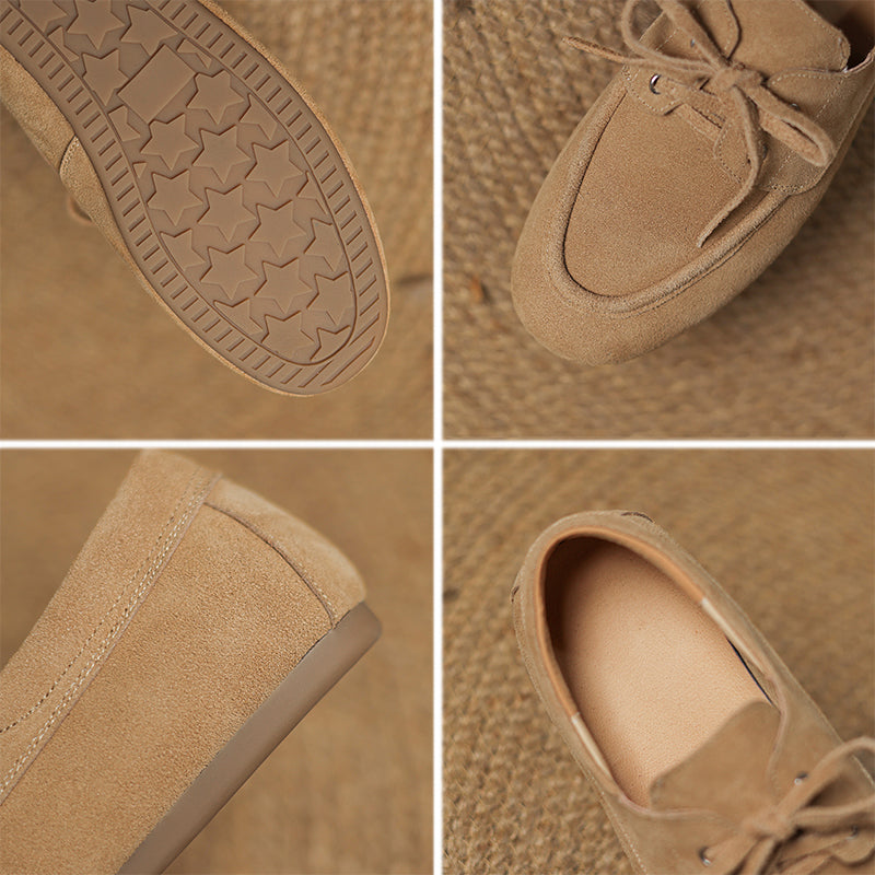 Women's Suede Leather Lace-Up Boat Shoes Round Toe Casual Driving Loafers in Deep Brown/Coffee