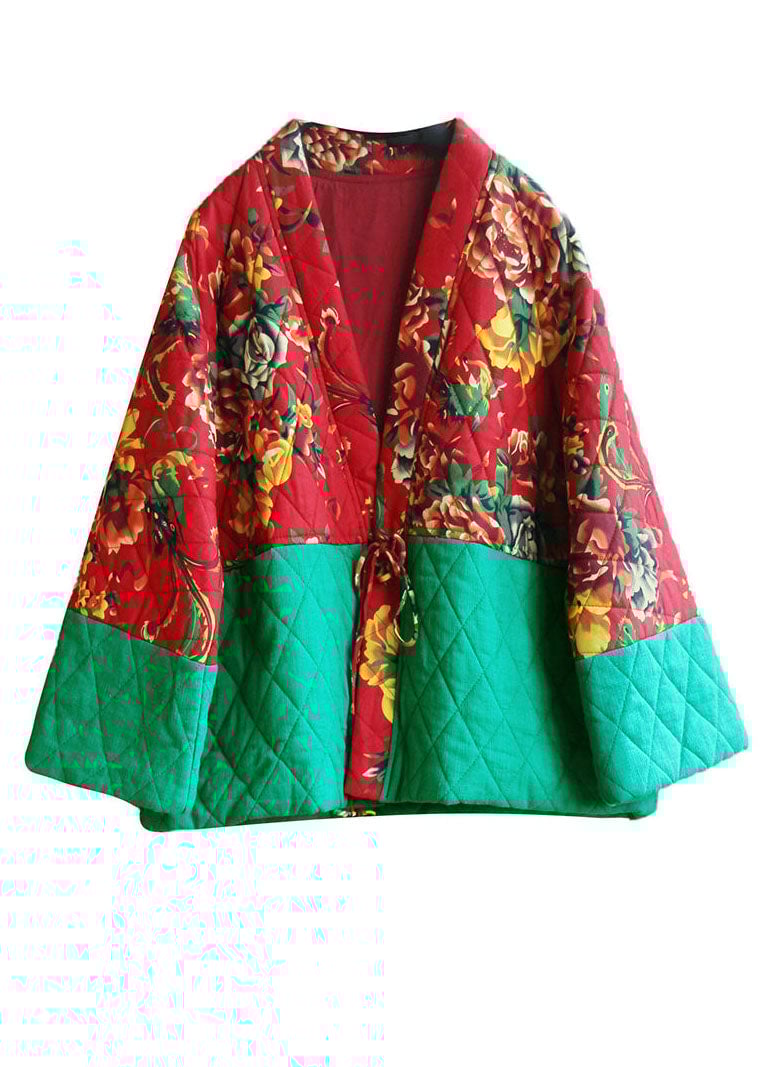 Art Red V Neck Print Patchwork Lace Up Fine Cotton Filled Witner Coat