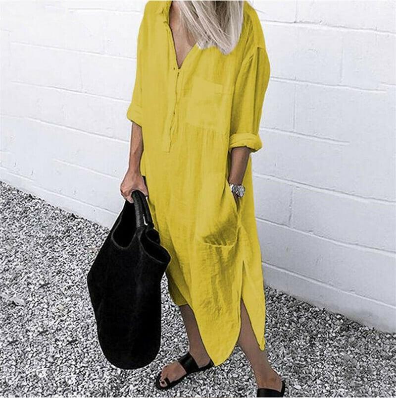 Solid Color Turn-down Collar Slit Long Shirt Dress