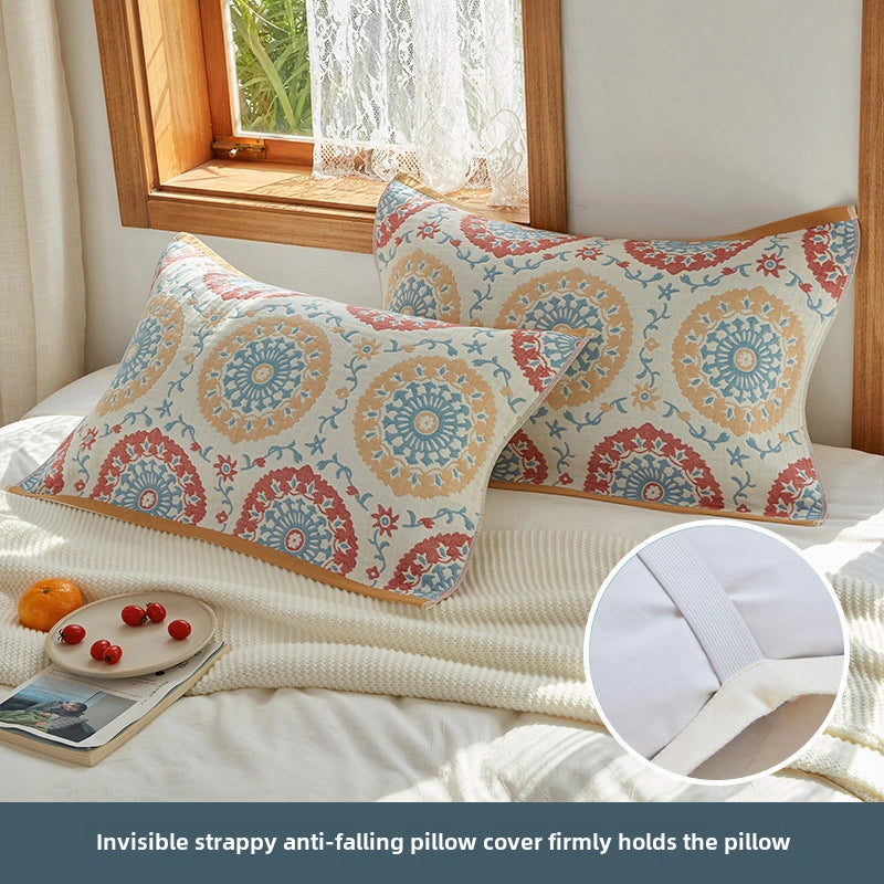 Four-layer Cotton Gauze Pillow Towel Elastic Band Fixed Anti-shedding Adult Pillow Turban Season Couple Cover Towel