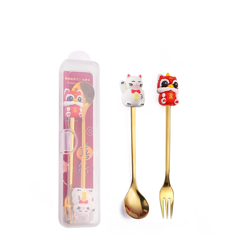 Christmas Cute Animal Santa Claus Stainless Steel Tableware 2 Pieces