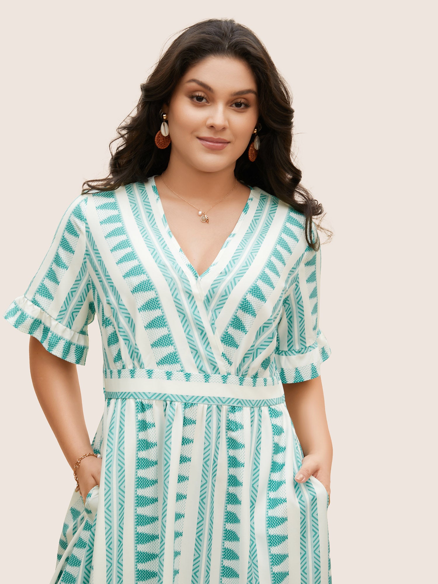 Bandana Striped Overlap Collar Flutter Hem Dress