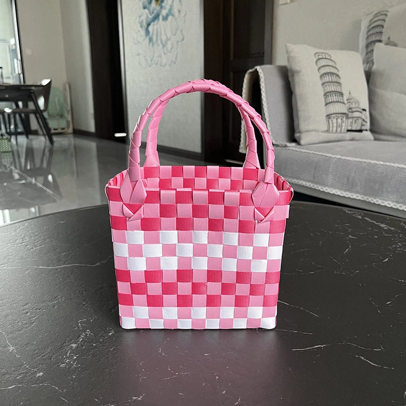 Women's PVC Color Block Plaid Vacation Weave Square Open Square Bag
