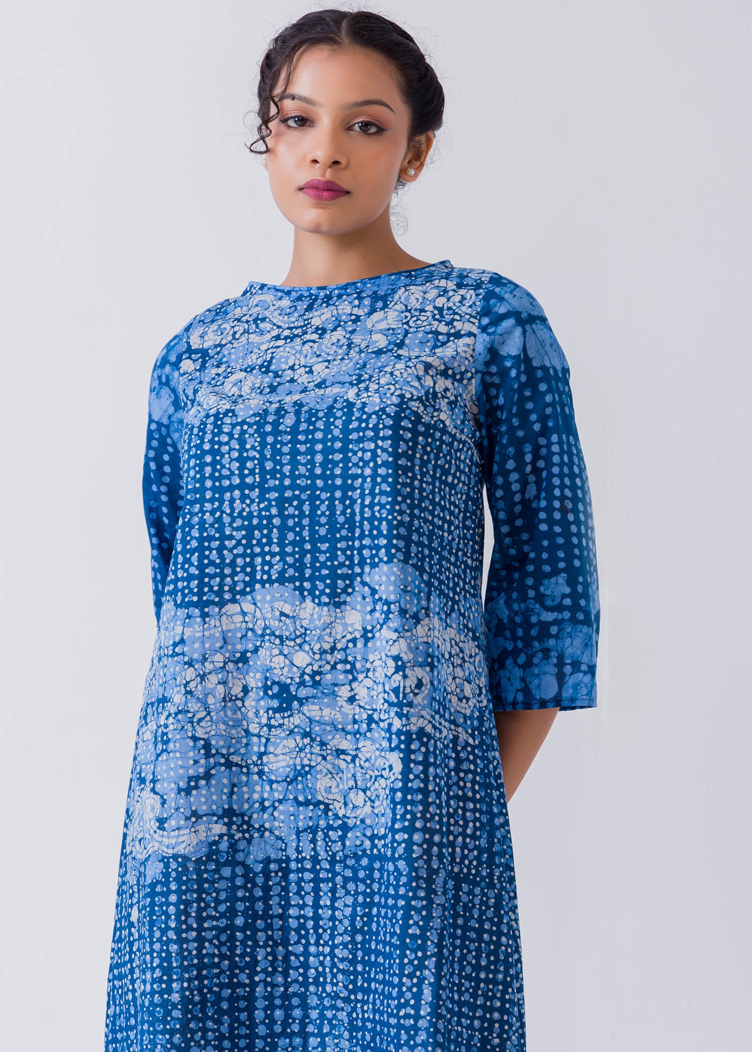 White And Blue Cloud Printed Batik Casual Dress