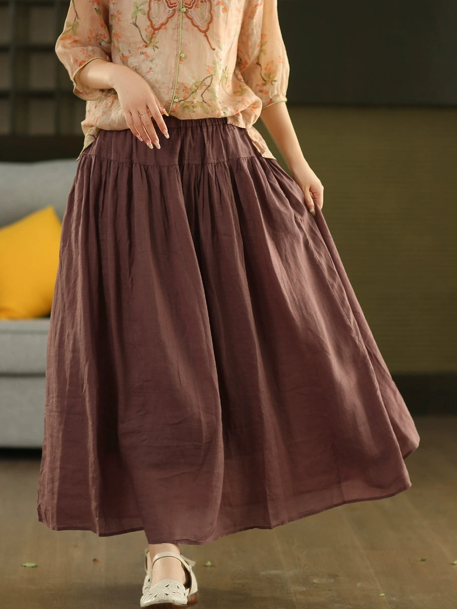 Women Summer Pure Color Spliced 100%Ramie Skirt