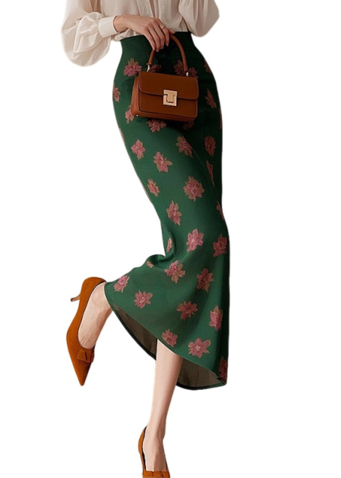 Art Green Print High Waist Cotton Skirt Spring