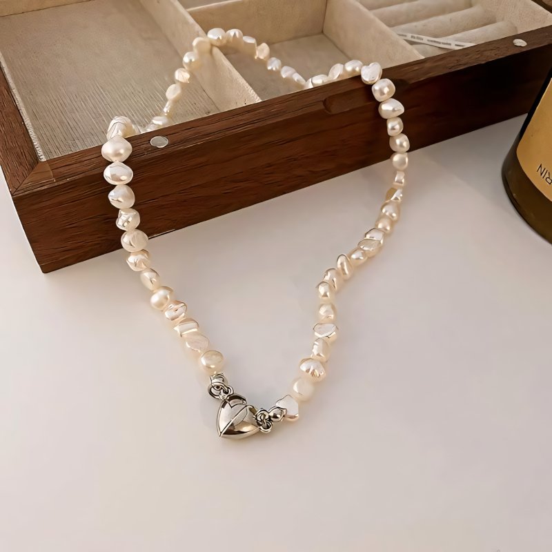 Magnetic Heart Pearl Choker Necklace and Bracelet