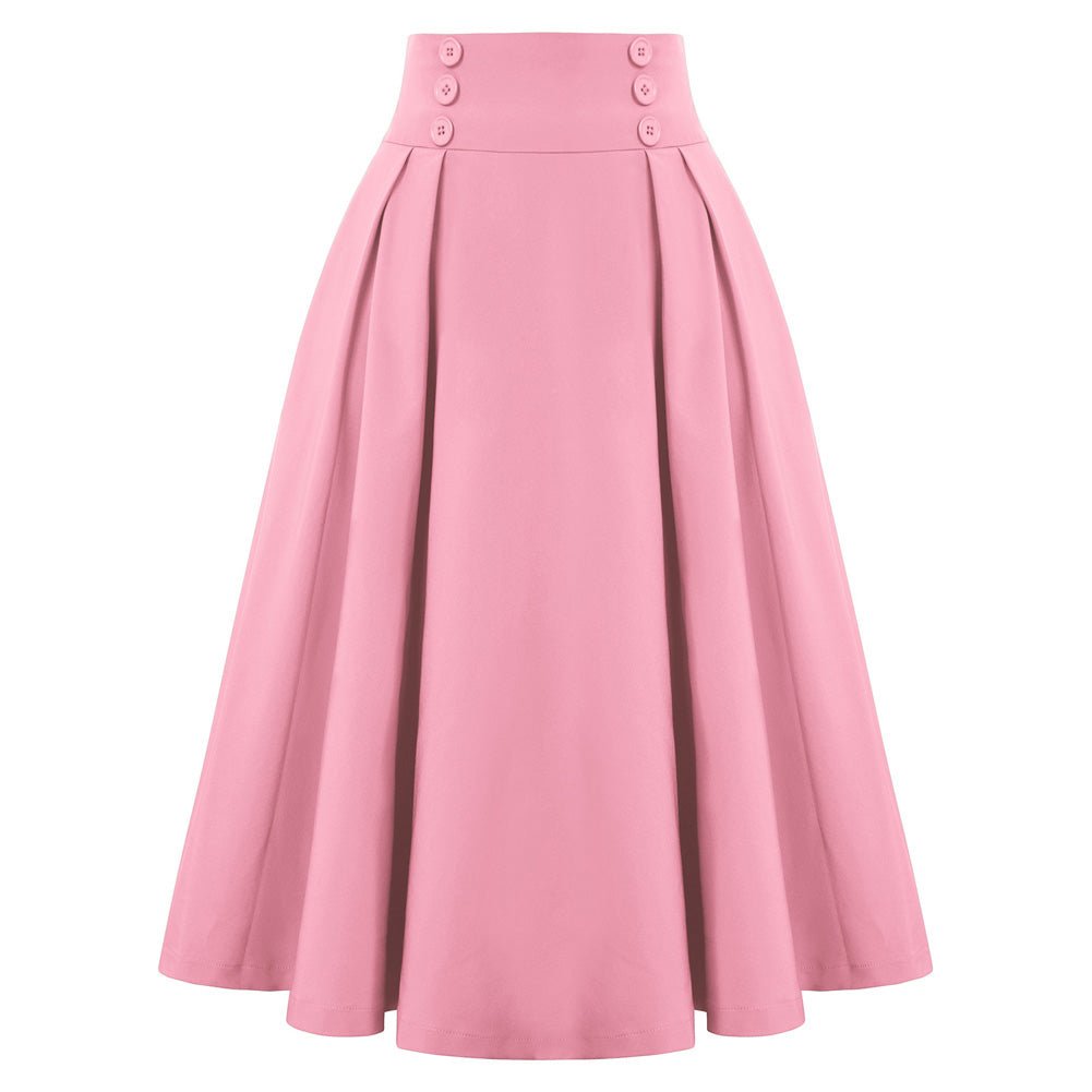 Leaf Patterns Pleated Buttons Decorated Elastic Waist High Waist Swing A-Line Skirt with Pockets