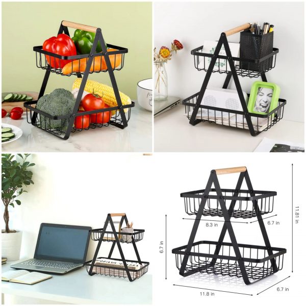 2-Tier Countertop Fruit Basket Storage. Vegetable Rack for Kitchen. Black