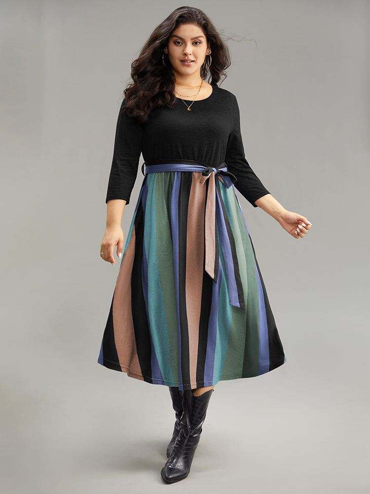 Striped Contrast Patchwork Belted Dress