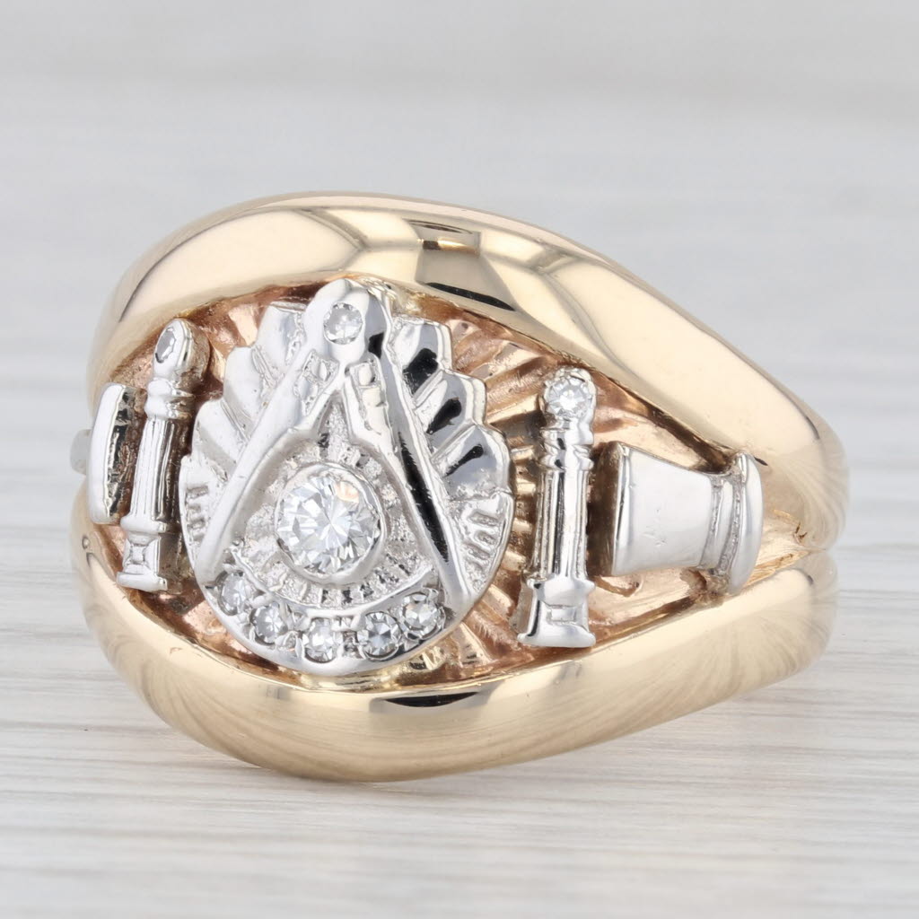 Vintage Past Master Ring 14k Gold Diamond Masonic Signet Cigar Band Size 11.5