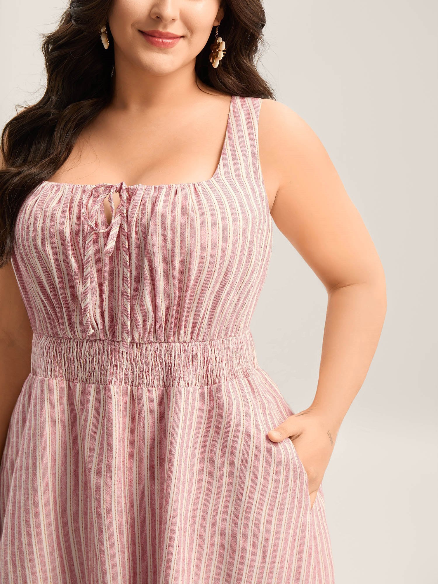 Stripe Print Shirred Waist Midi Dress