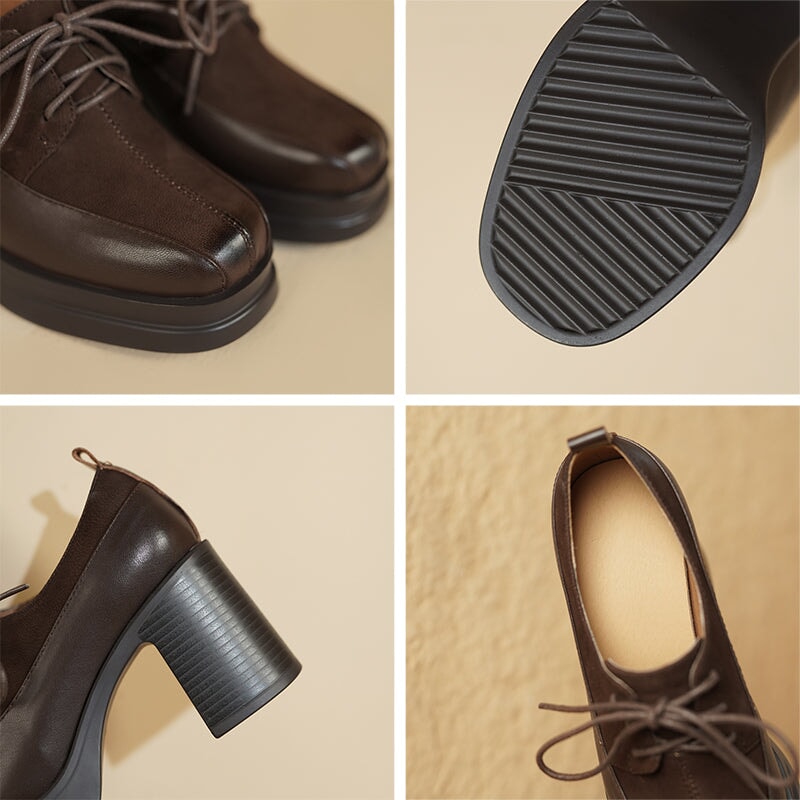 Vintage 80mm Chunky Block Heel Lace-Up Oxford Shoes for Women in Black/Brown