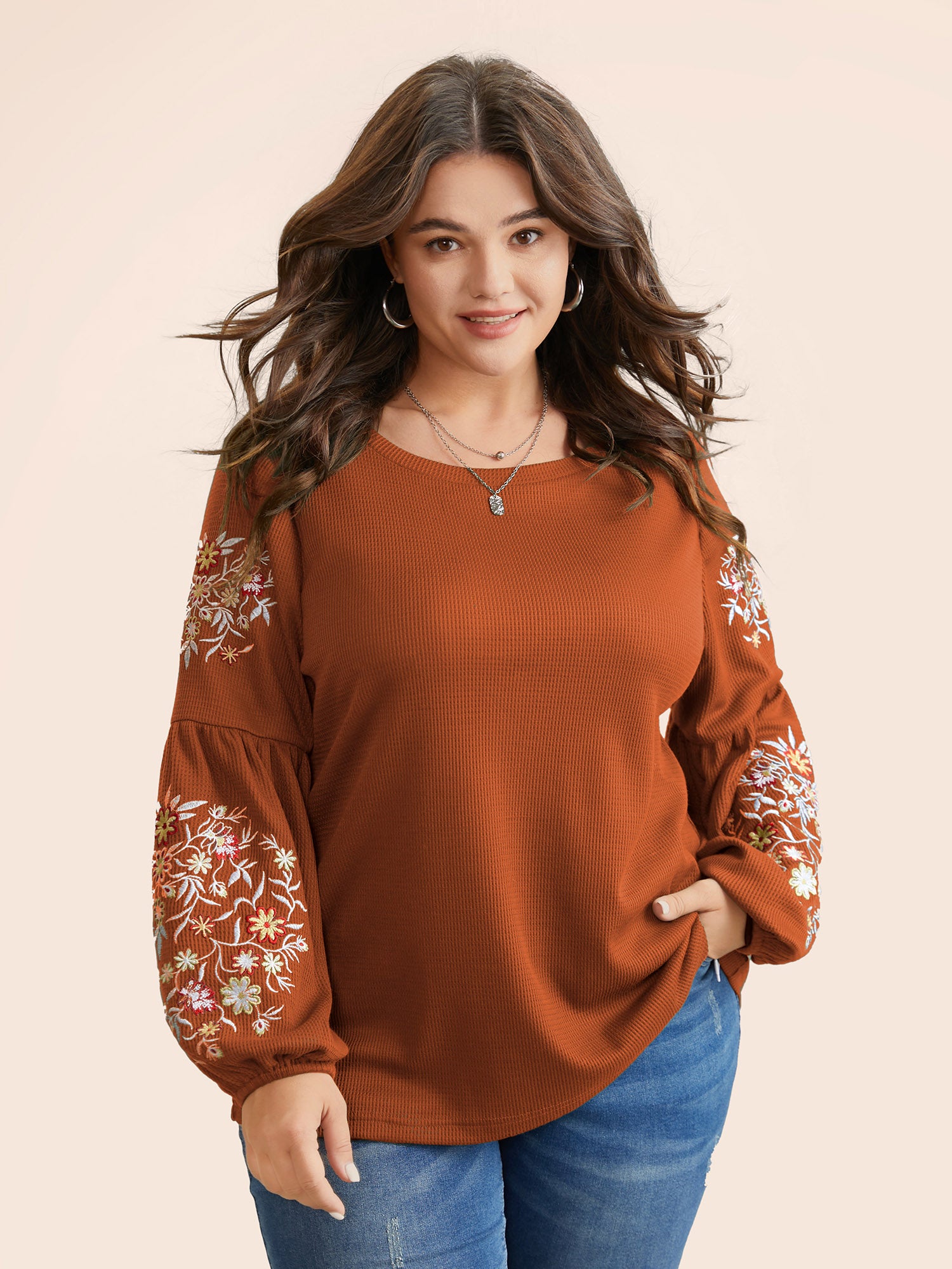 Waffle Knit Floral Embroidered Lantern Sleeve T-shirt