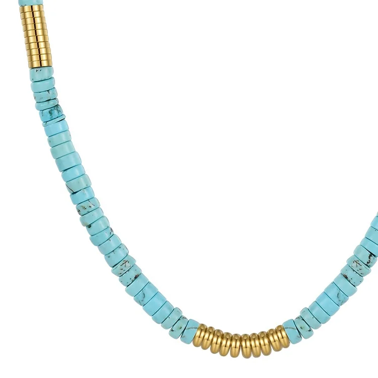 18K Gold Plated Stainless Steel Jewelry Natural Blue Turquoise Stone Accessories Necklaces P213249