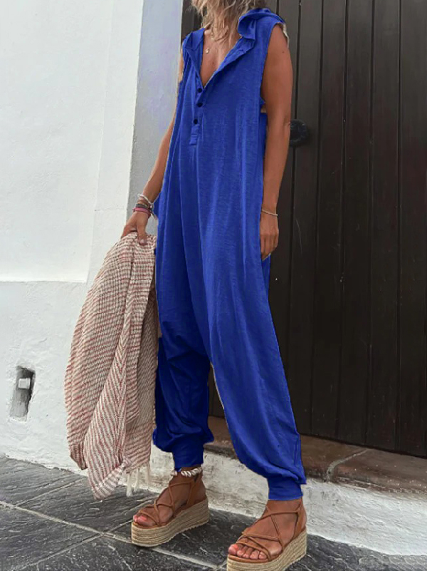 Hooded Loose Buttoned Solid Color V-neck Jumpsuits