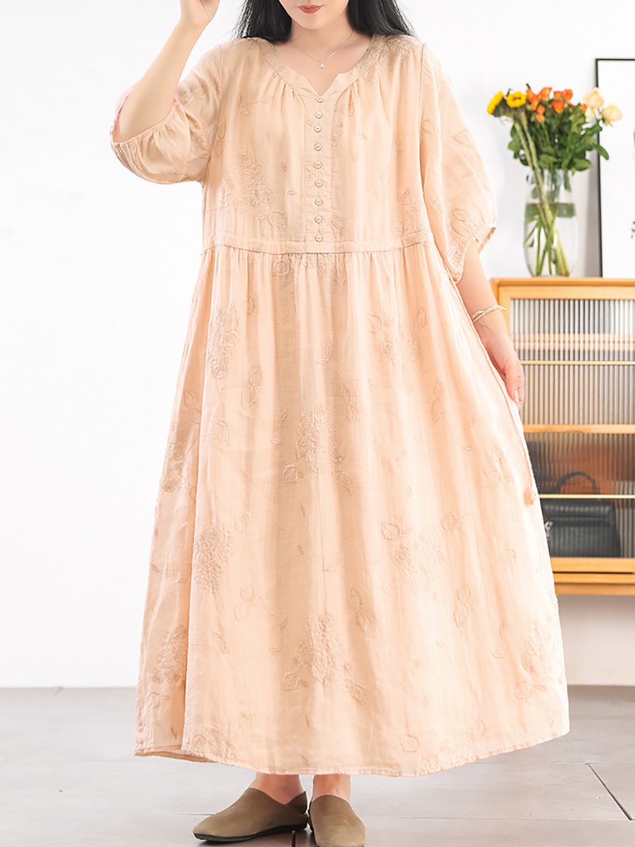 Women Summer Artsy Embroidery V-Neck 100%Ramie Dress