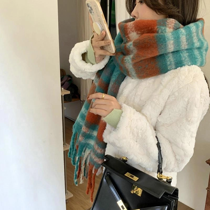 Rainbow Plaid Tassel Mohair Scarf Autumn And Winter Thickened Student Warm Scarf For Women