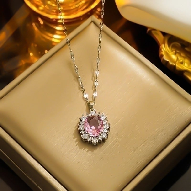 Glam Oval Stainless Steel Plating Inlay Zircon 18k Gold Plated Pendant Necklace