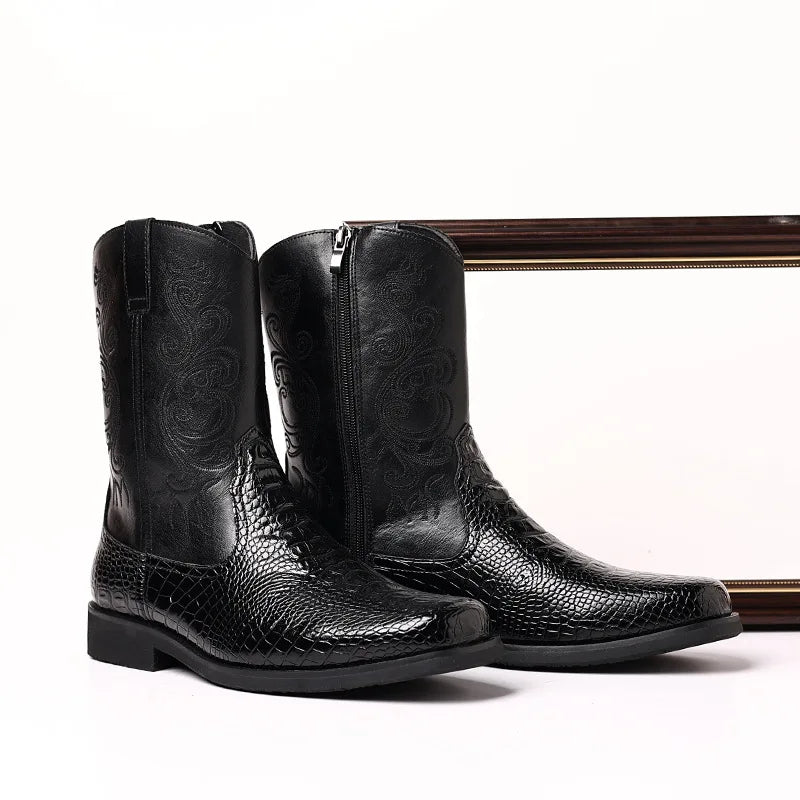 Men's British Style Embroidered Mid-Calf Riding Boots - Leather Look