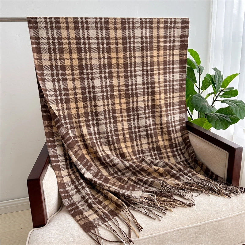 Autumn And Winter Plaid Artificial Cashmere Scarf Stylish Simple And Versatile Warm Scarf Ladies Tassel Shawl