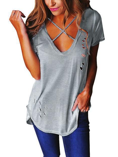 Solid Color Deep V-Neck Hole T-Shirt