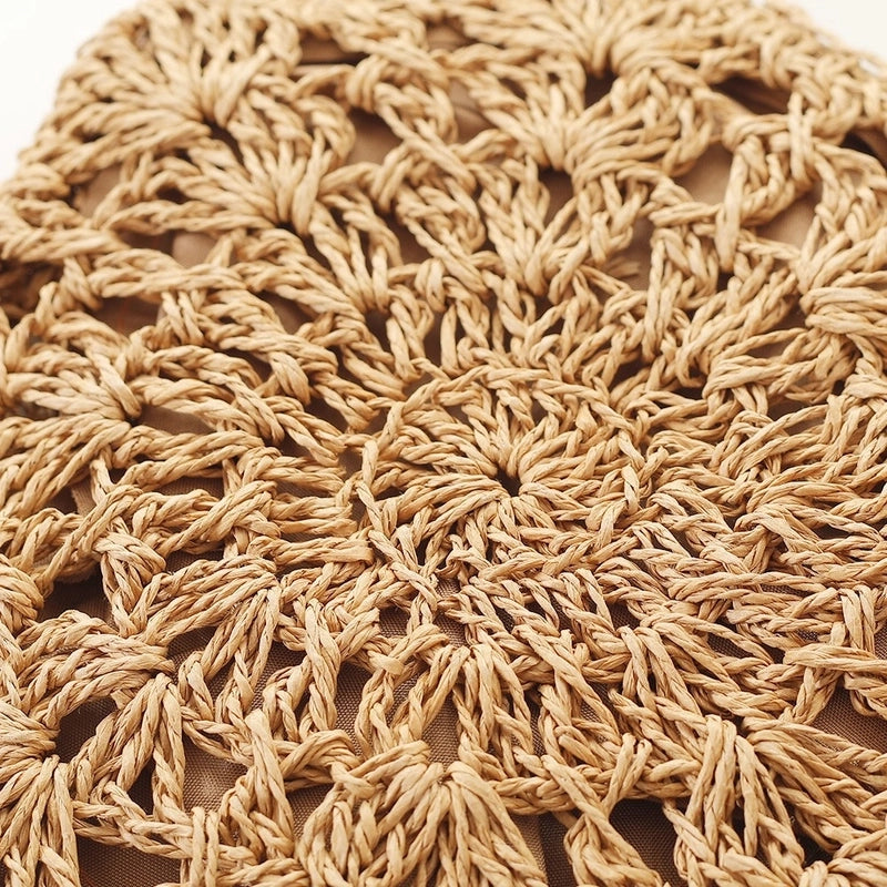Women's Small Straw Solid Color Vacation Beach Weave Hollow Round Zipper Straw Bag