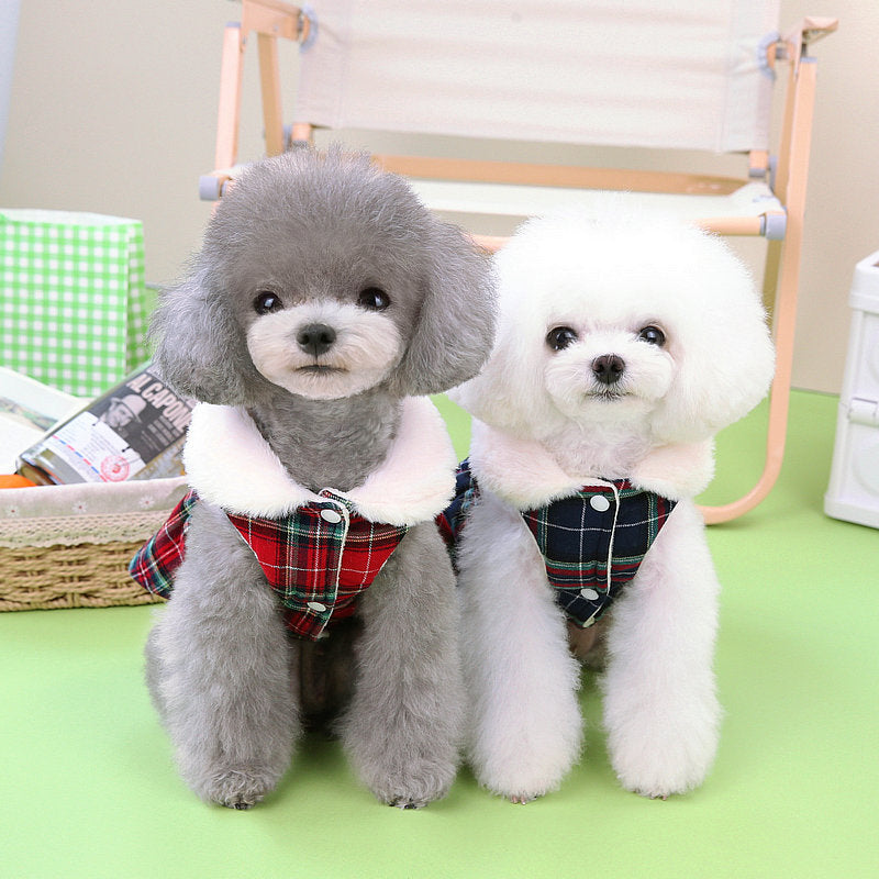 Plaid Fleece Bowknot Dog Harness Dress Coat