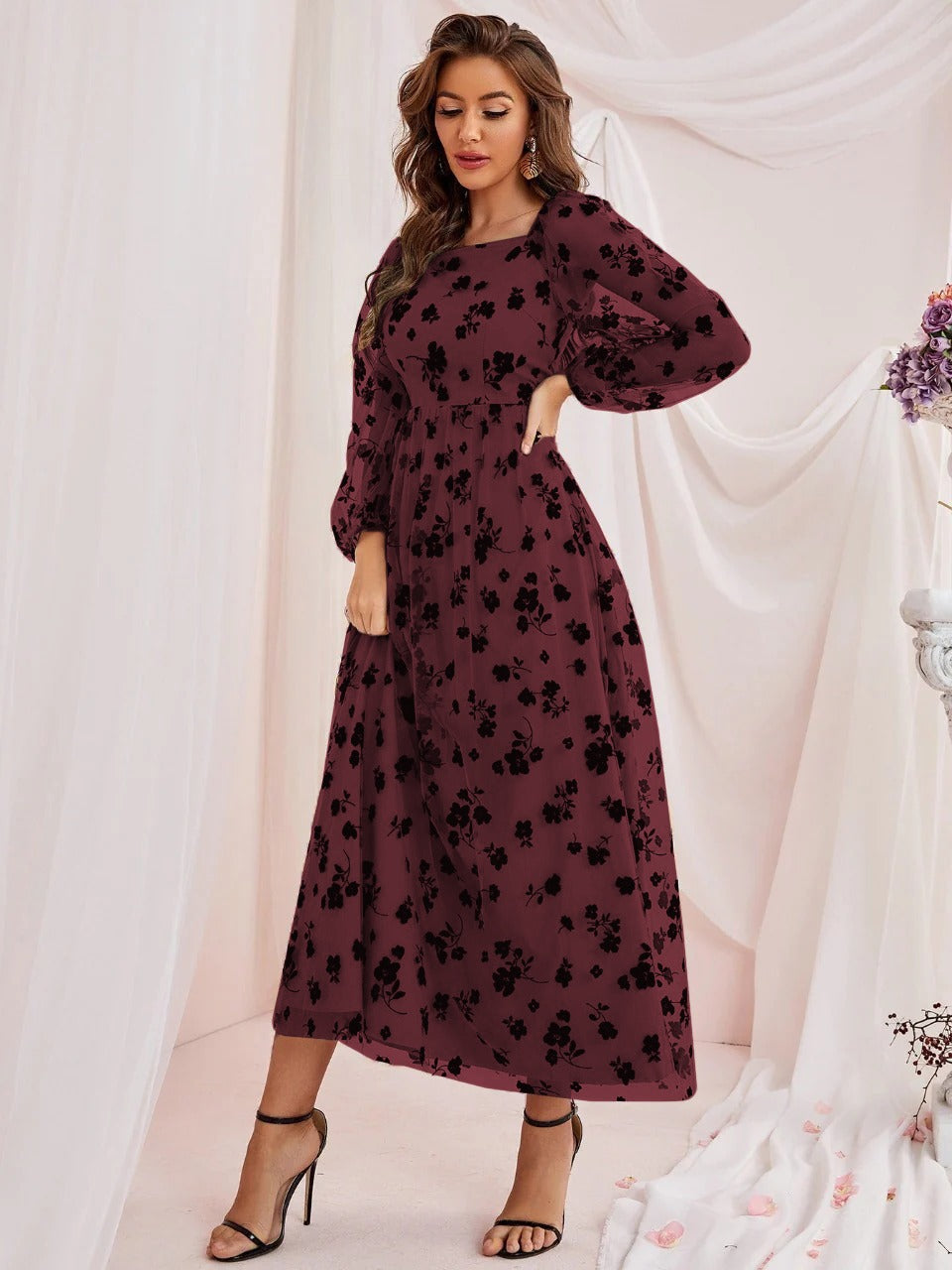Parien Lantern Sleeve Floral Mesh Dress