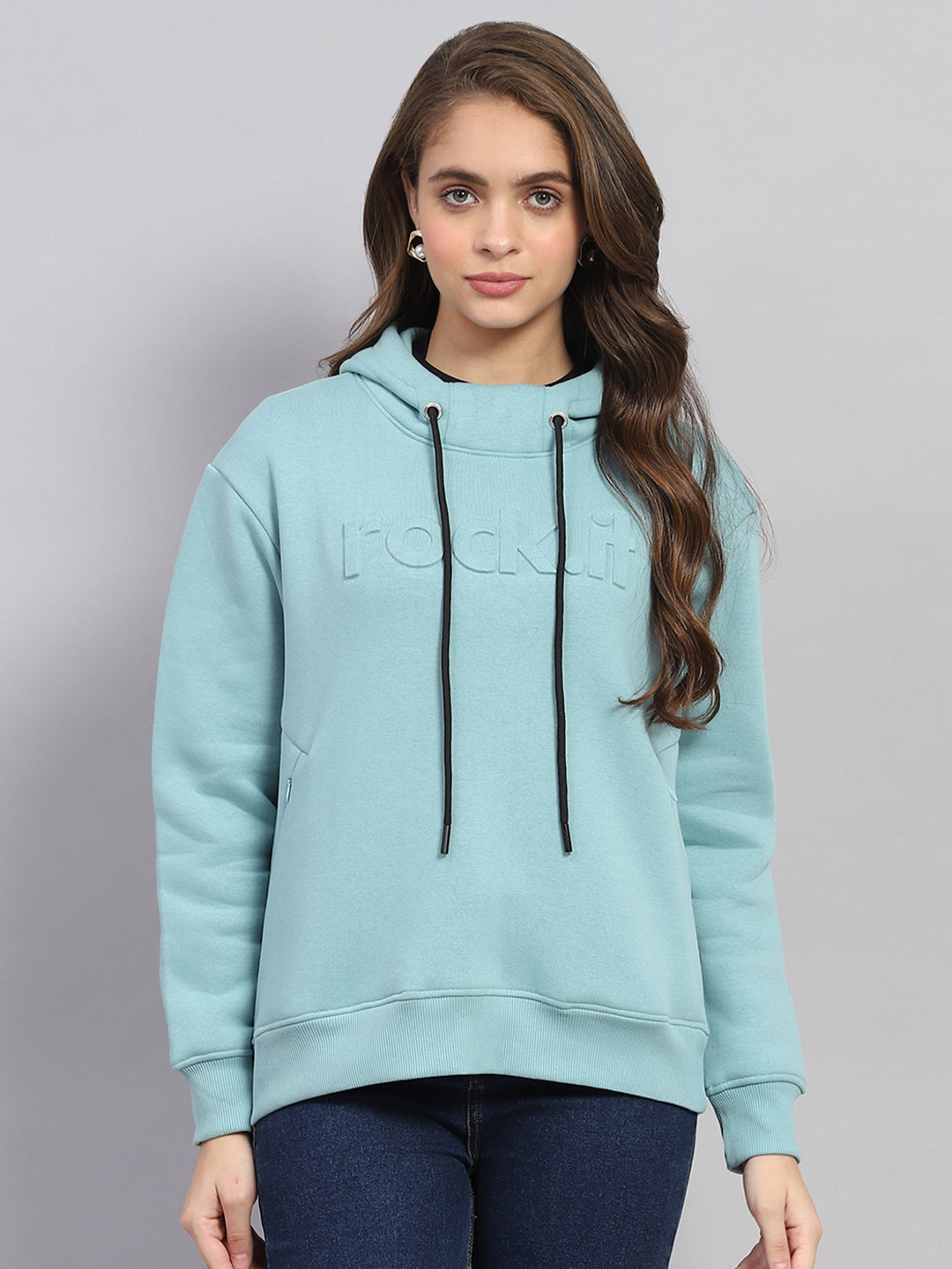 Women Blue Solid Hooded Full Sleeve Sweatshirt