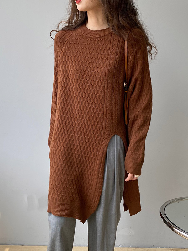 Original Irregular 5 Colors Split-Side Round-Neck Long Sleeves Sweater Top