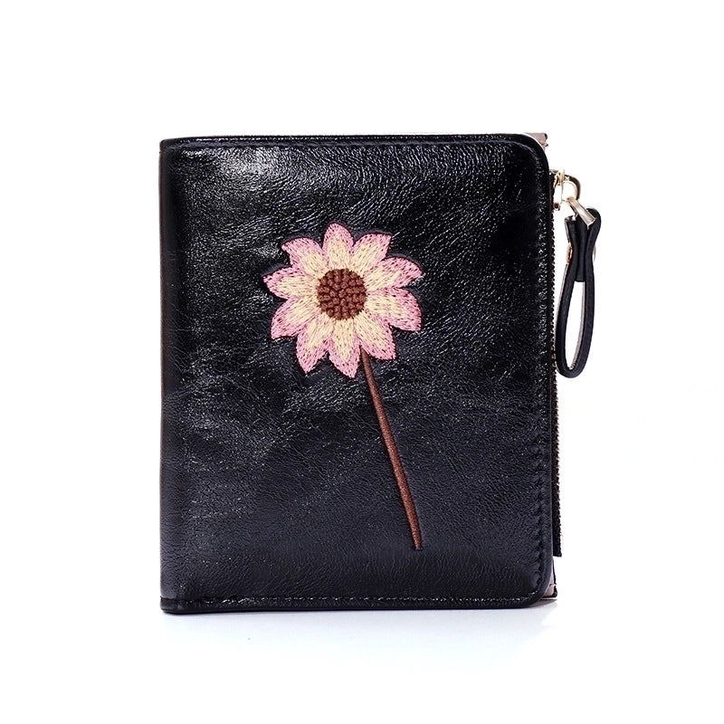 Women's Solid Color Flower Pu Leather Zipper Buckle Wallets