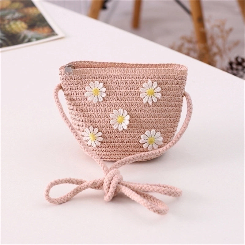 Girl's Straw Flower Strawberry Bow Knot Cute Bucket Zipper Crossbody Bag