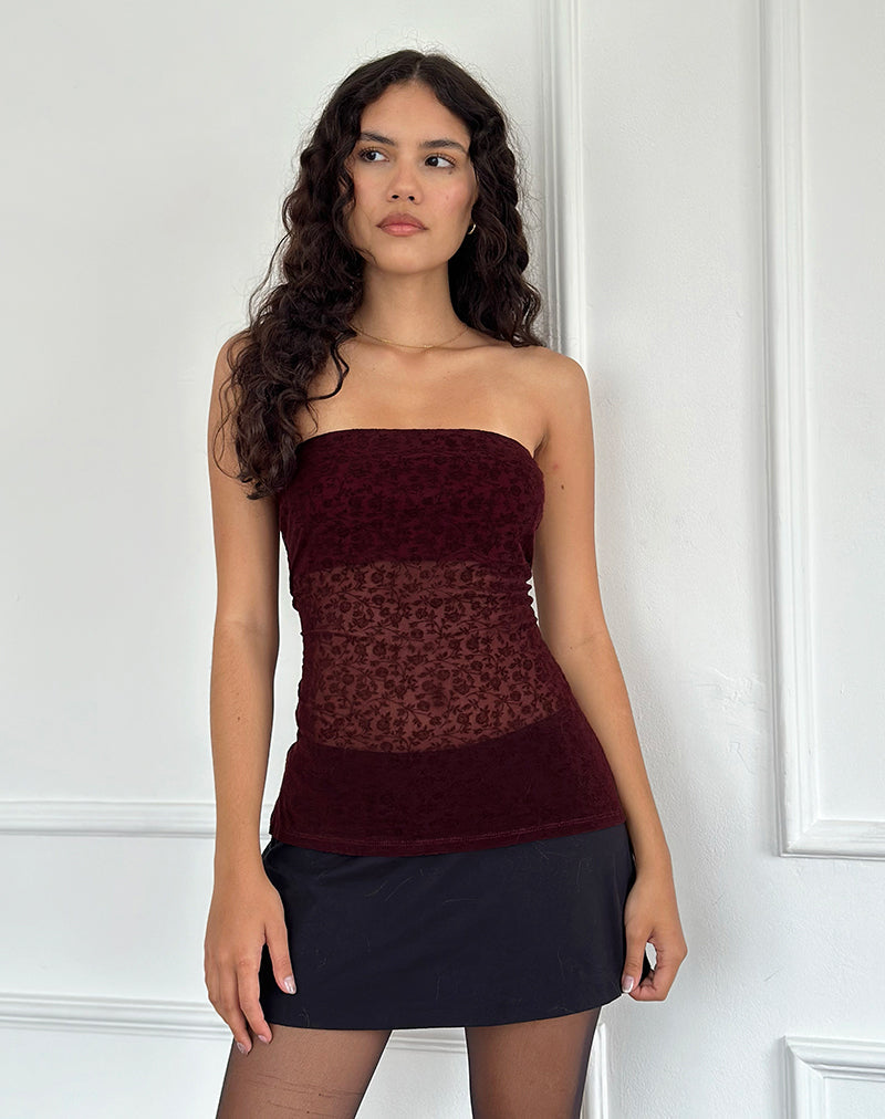 Bilancia Bandeau Top in Ditsy Flock Burnt Maroon