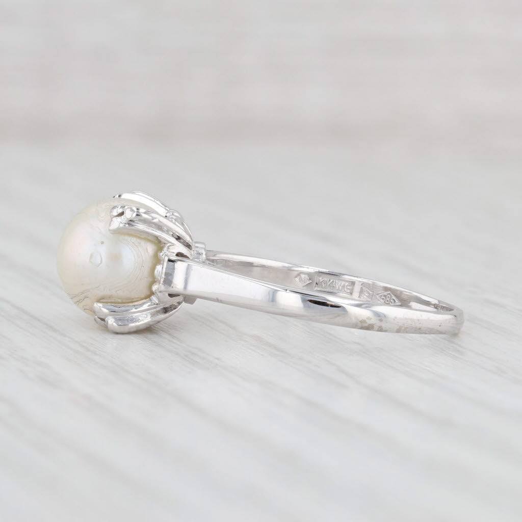 Vintage Cultured Pearl Solitaire Ring 14k White Gold Size 7.75