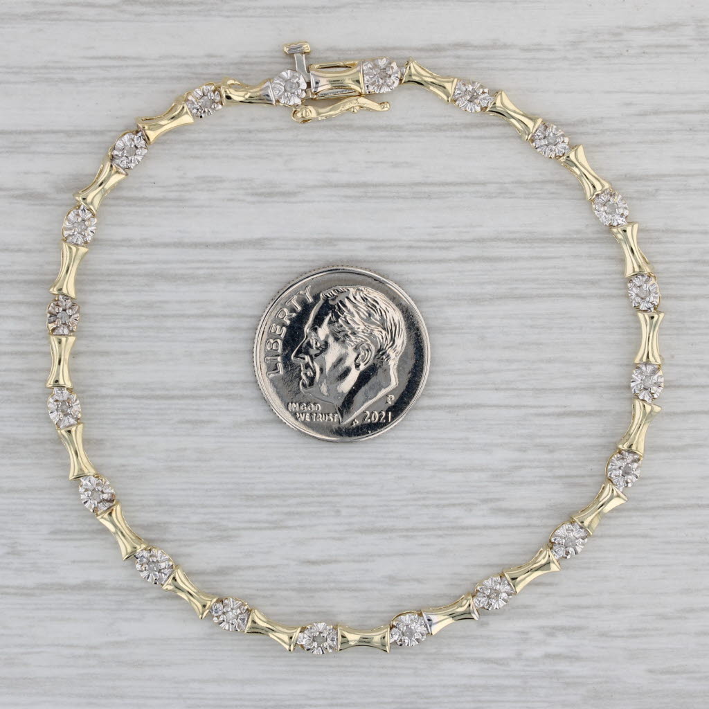 0.12ctw Diamond Bamboo Link Bracelet 10k Yellow Gold 7 3.4mm